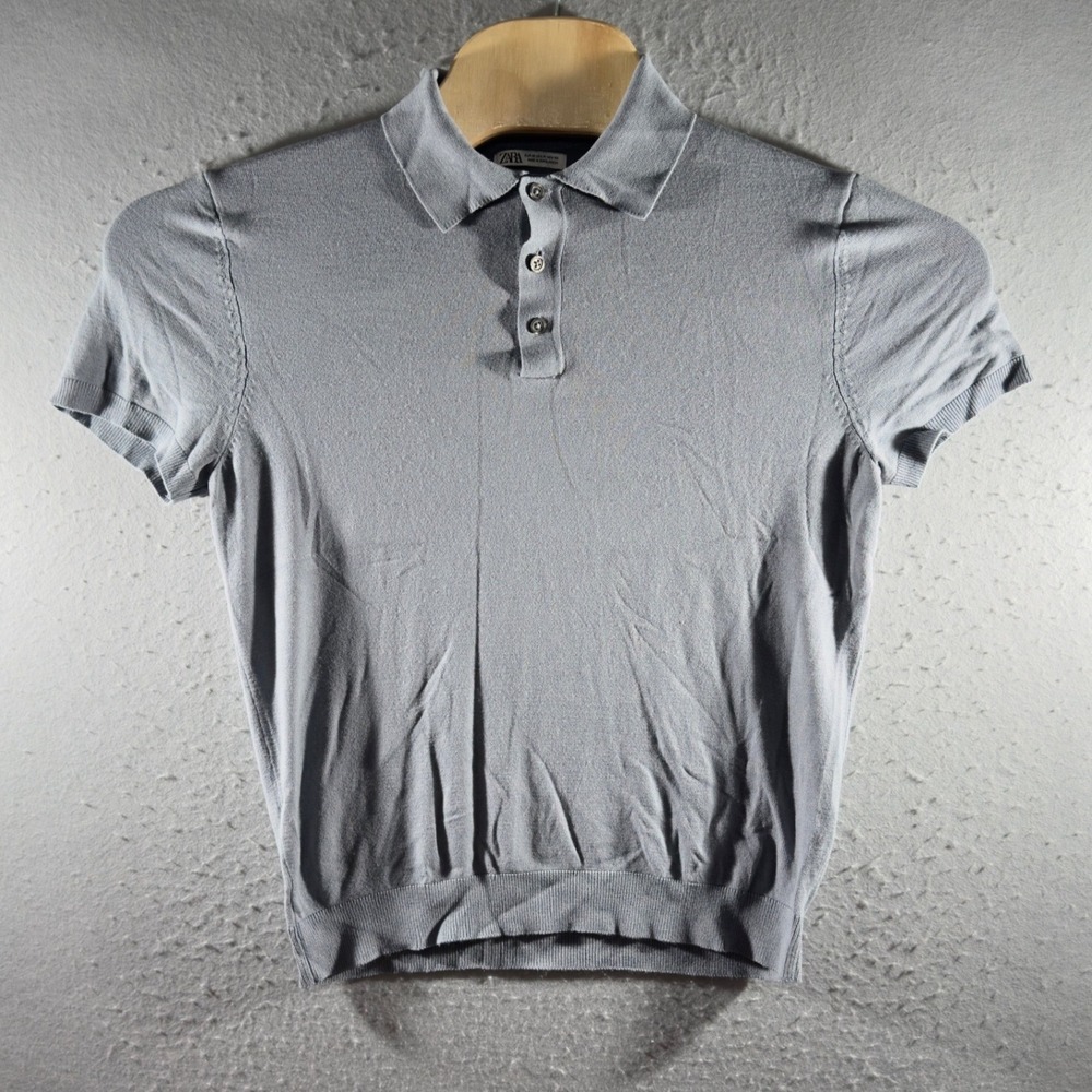 3065| Zara Knit Short Sleeve Polo Shirt Gray Mens Medium